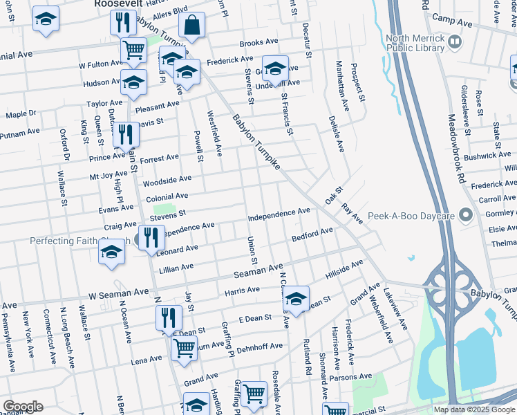 map of restaurants, bars, coffee shops, grocery stores, and more near 133 Union Street in Freeport