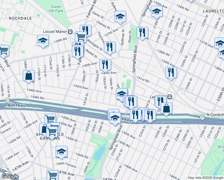 map of restaurants, bars, coffee shops, grocery stores, and more near 141-51 184th Street in Queens