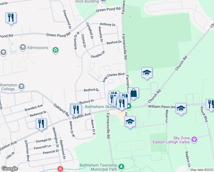 map of restaurants, bars, coffee shops, grocery stores, and more near 118 Founders Court in Bethlehem