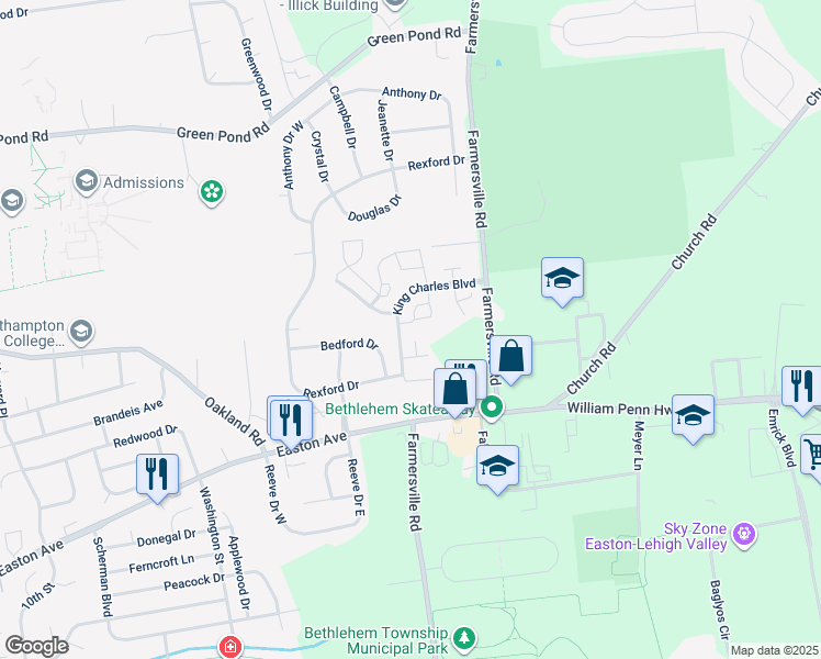 map of restaurants, bars, coffee shops, grocery stores, and more near 118 Founders Court in Bethlehem