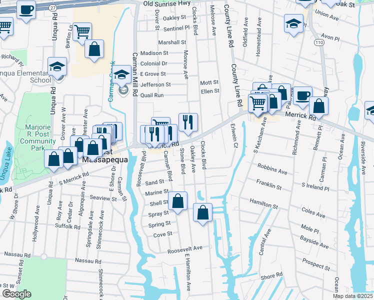 map of restaurants, bars, coffee shops, grocery stores, and more near 5700 Merrick Road in Massapequa