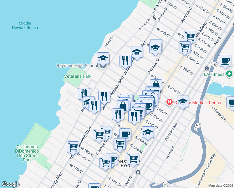 map of restaurants, bars, coffee shops, grocery stores, and more near 97 West 27th Street in Bayonne