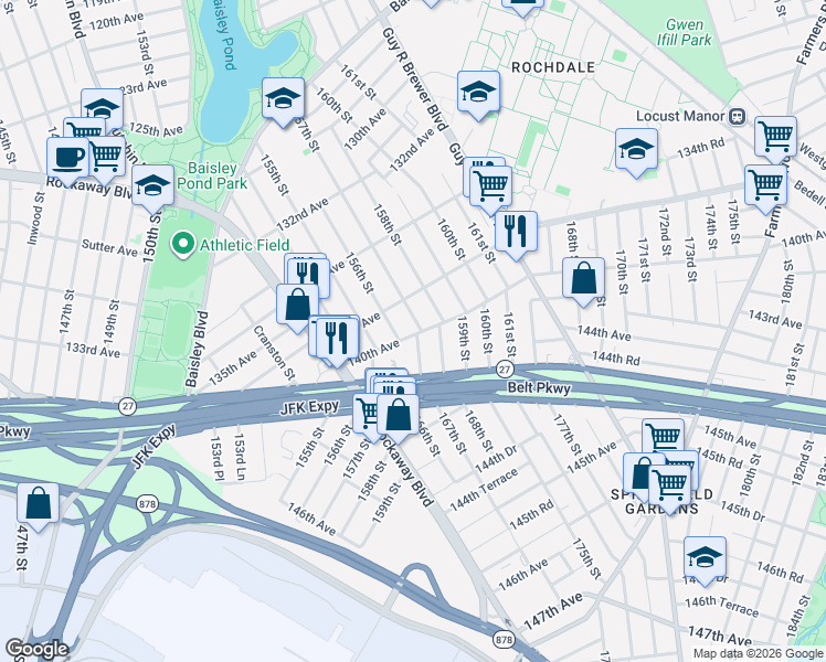 map of restaurants, bars, coffee shops, grocery stores, and more near 137-30 158th Street in Queens