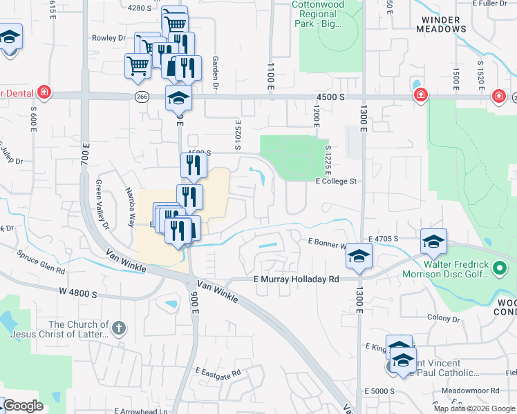 map of restaurants, bars, coffee shops, grocery stores, and more near 1059 Quail Vista Lane in Millcreek