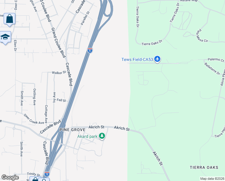 map of restaurants, bars, coffee shops, grocery stores, and more near Virginia Avenue in Shasta Lake