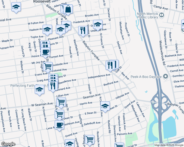 map of restaurants, bars, coffee shops, grocery stores, and more near 133 Union Street in Freeport
