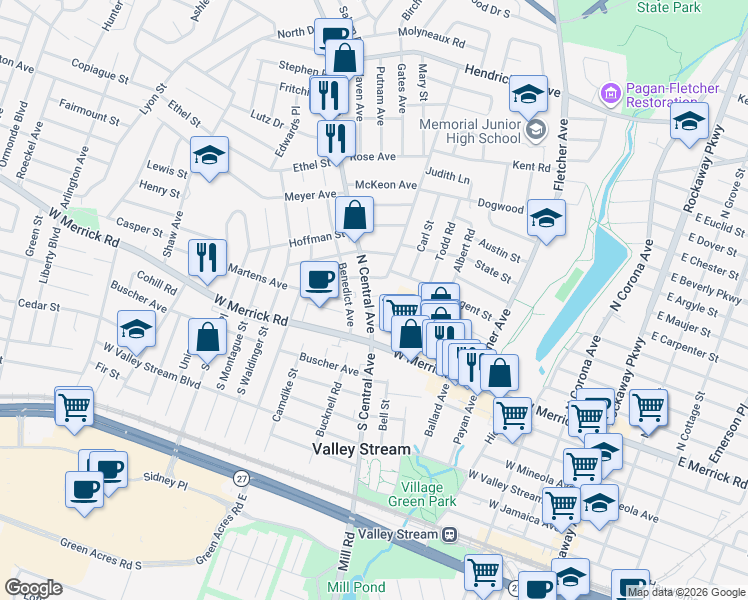 map of restaurants, bars, coffee shops, grocery stores, and more near 60 North Central Avenue in Valley Stream