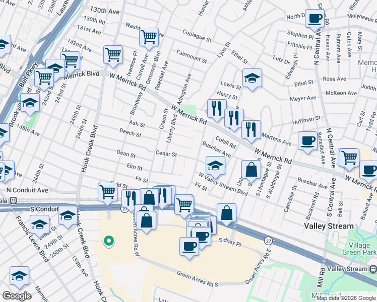 map of restaurants, bars, coffee shops, grocery stores, and more near 43 Orchard Place in Valley Stream