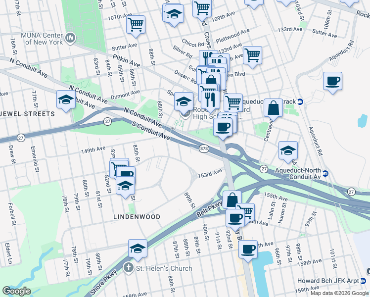 map of restaurants, bars, coffee shops, grocery stores, and more near 150-16 90th Street in Queens