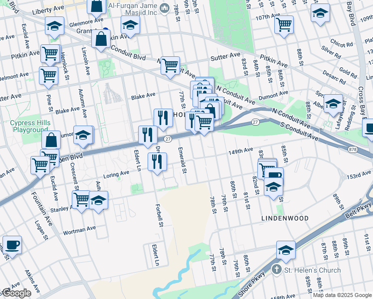 map of restaurants, bars, coffee shops, grocery stores, and more near 2858 Linden Boulevard in Brooklyn