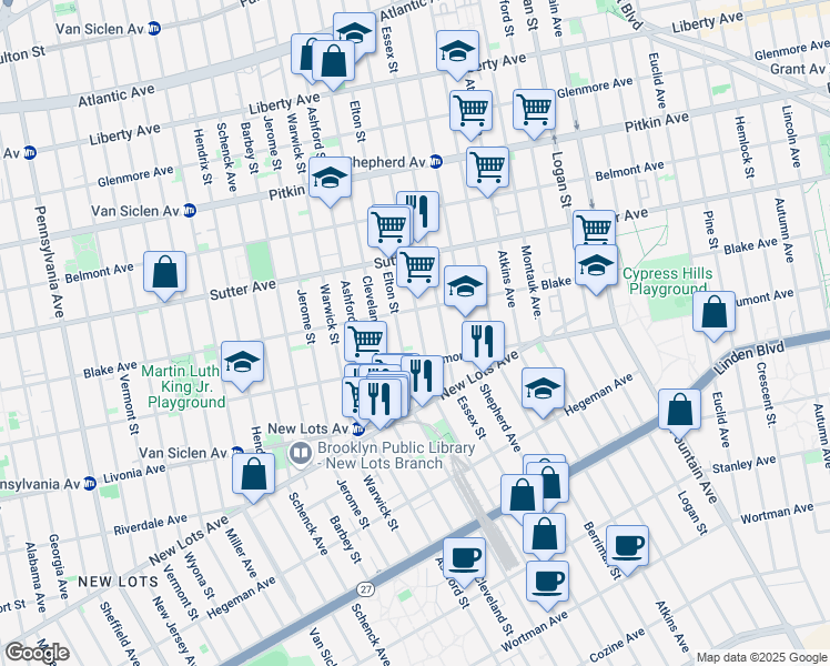 map of restaurants, bars, coffee shops, grocery stores, and more near 578 Essex Street in Brooklyn