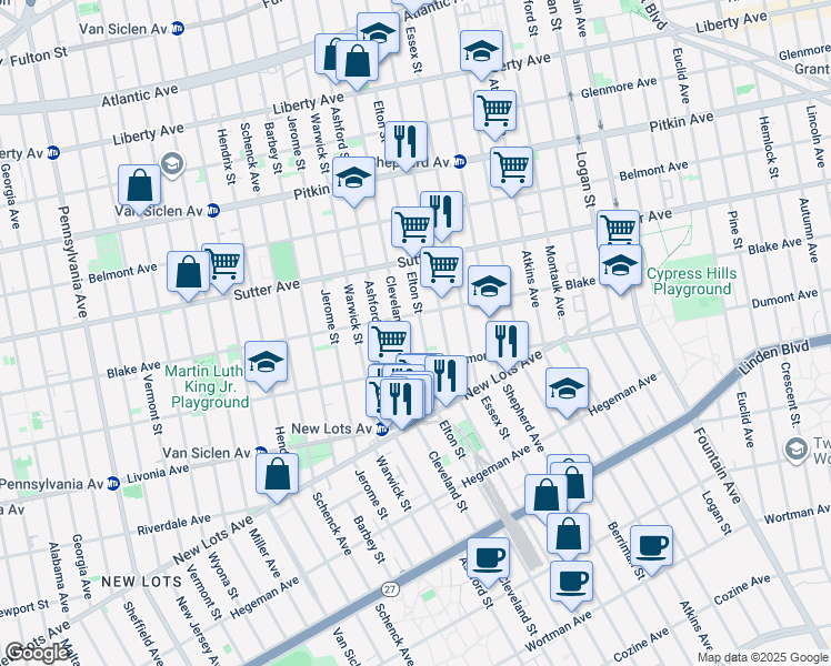 map of restaurants, bars, coffee shops, grocery stores, and more near 544 Elton Street in Brooklyn