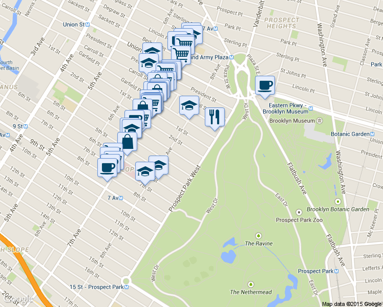 map of restaurants, bars, coffee shops, grocery stores, and more near 621 2nd Street in Brooklyn