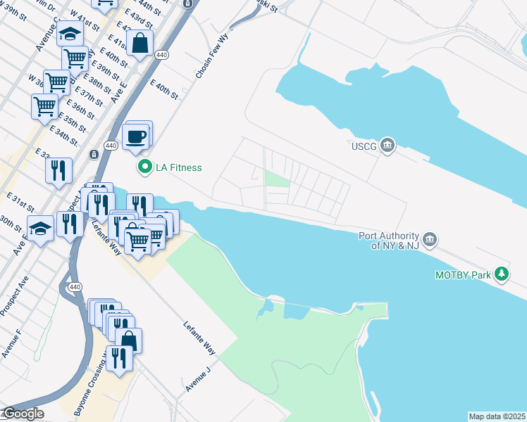 map of restaurants, bars, coffee shops, grocery stores, and more near Port Terminal Boulevard in Bayonne