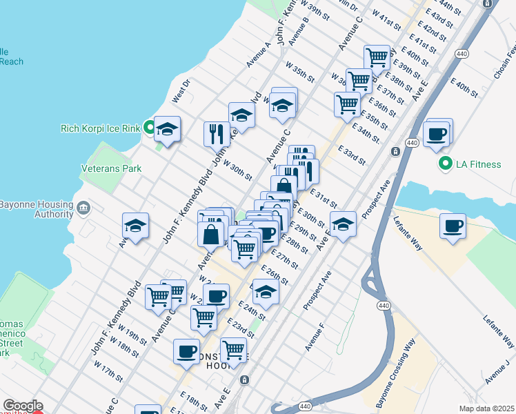 map of restaurants, bars, coffee shops, grocery stores, and more near 650 Avenue C in Bayonne