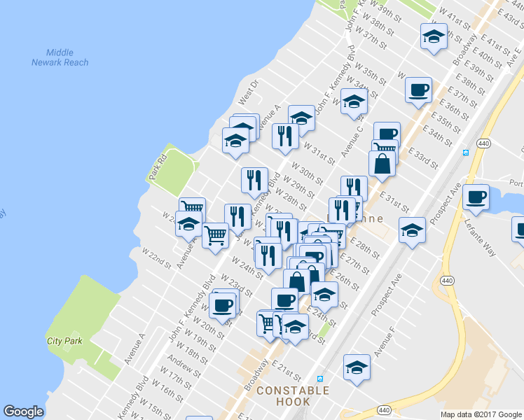 map of restaurants, bars, coffee shops, grocery stores, and more near 97 West 27th Street in Bayonne