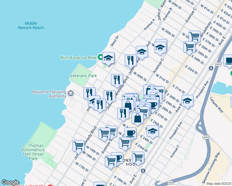 map of restaurants, bars, coffee shops, grocery stores, and more near 122 West 27th Street in Bayonne