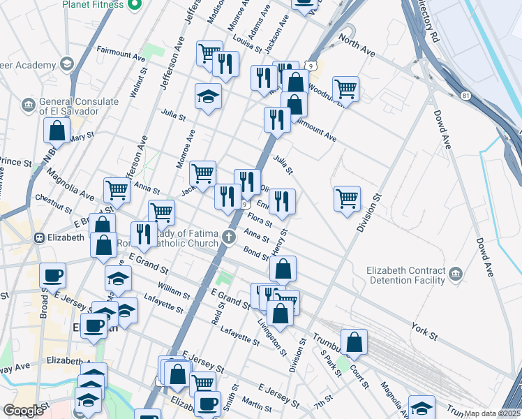 map of restaurants, bars, coffee shops, grocery stores, and more near 950 Emma Street in Elizabeth
