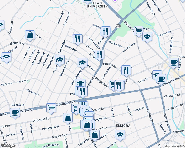 map of restaurants, bars, coffee shops, grocery stores, and more near 422 Elmora Avenue in Elizabeth