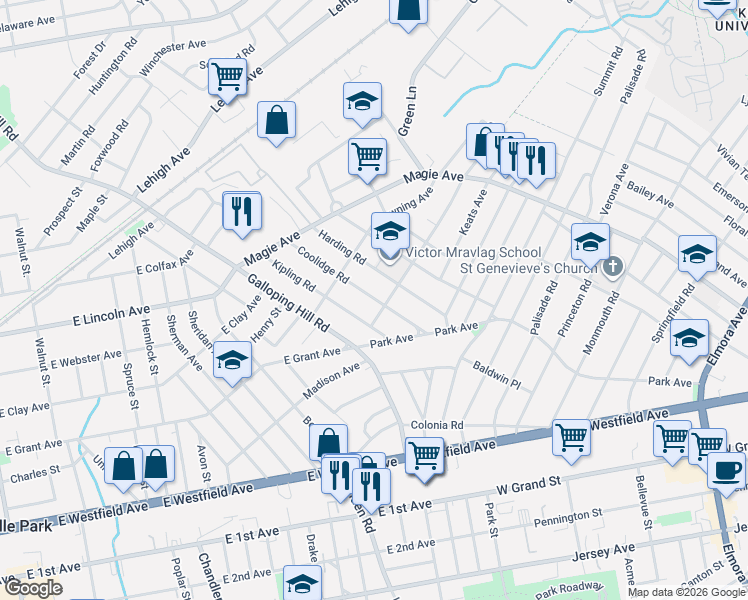map of restaurants, bars, coffee shops, grocery stores, and more near 1023 Coolidge Road in Elizabeth