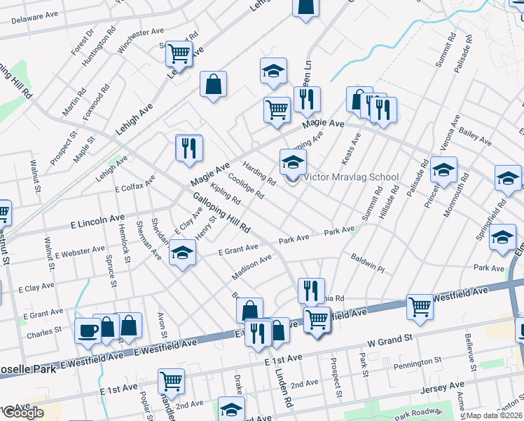 map of restaurants, bars, coffee shops, grocery stores, and more near 1052 Coolidge Road in Elizabeth