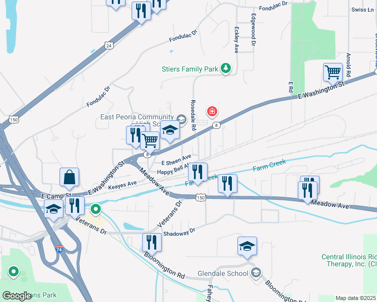 map of restaurants, bars, coffee shops, grocery stores, and more near 101-199 Crawford Avenue in East Peoria