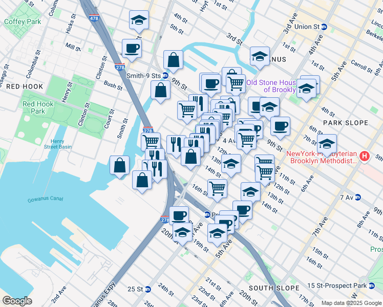map of restaurants, bars, coffee shops, grocery stores, and more near 79 14th Street in Brooklyn