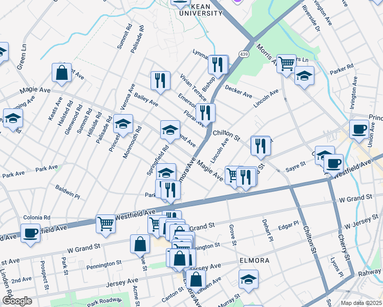 map of restaurants, bars, coffee shops, grocery stores, and more near 422 Elmora Avenue in Elizabeth