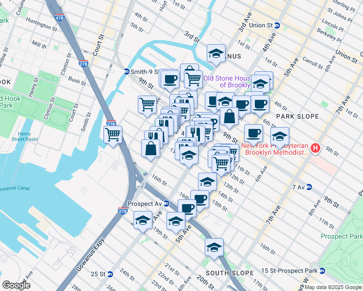map of restaurants, bars, coffee shops, grocery stores, and more near 171 12th Street in Brooklyn