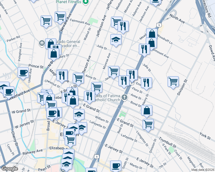 map of restaurants, bars, coffee shops, grocery stores, and more near 1074 Anna Street in Elizabeth