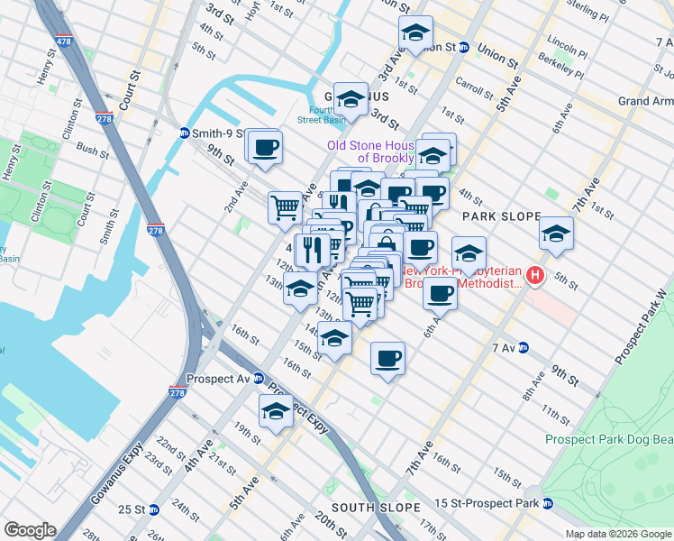 map of restaurants, bars, coffee shops, grocery stores, and more near 249 11th Street in Brooklyn