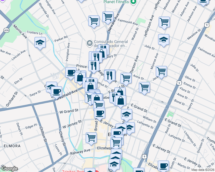 map of restaurants, bars, coffee shops, grocery stores, and more near 322 Walnut Street in Elizabeth