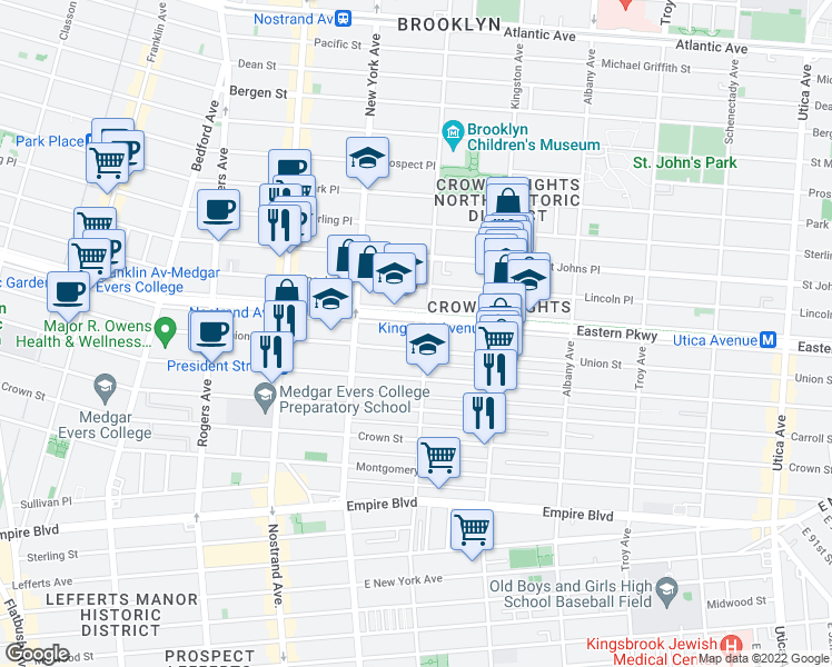 map of restaurants, bars, coffee shops, grocery stores, and more near 696 Eastern Parkway in Brooklyn
