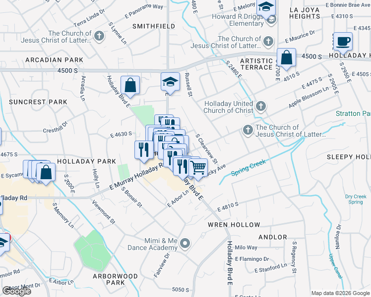 map of restaurants, bars, coffee shops, grocery stores, and more near 2369 East Murray Holladay Road in Holladay