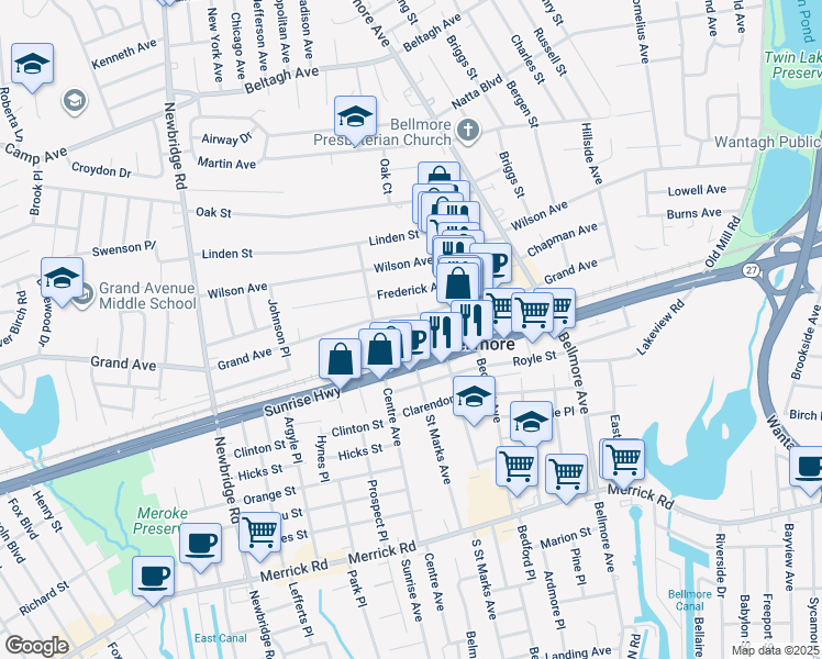 map of restaurants, bars, coffee shops, grocery stores, and more near 2635 Grand Avenue in Bellmore