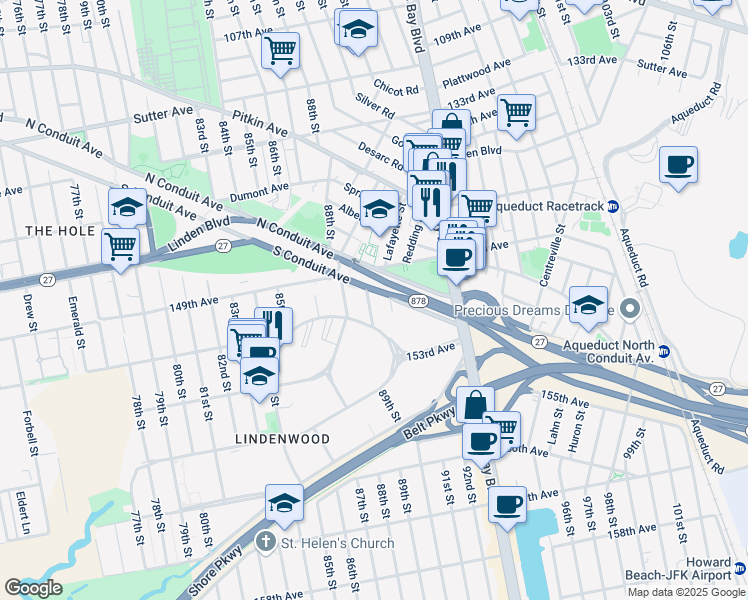 map of restaurants, bars, coffee shops, grocery stores, and more near 150-02 89th Street in Queens
