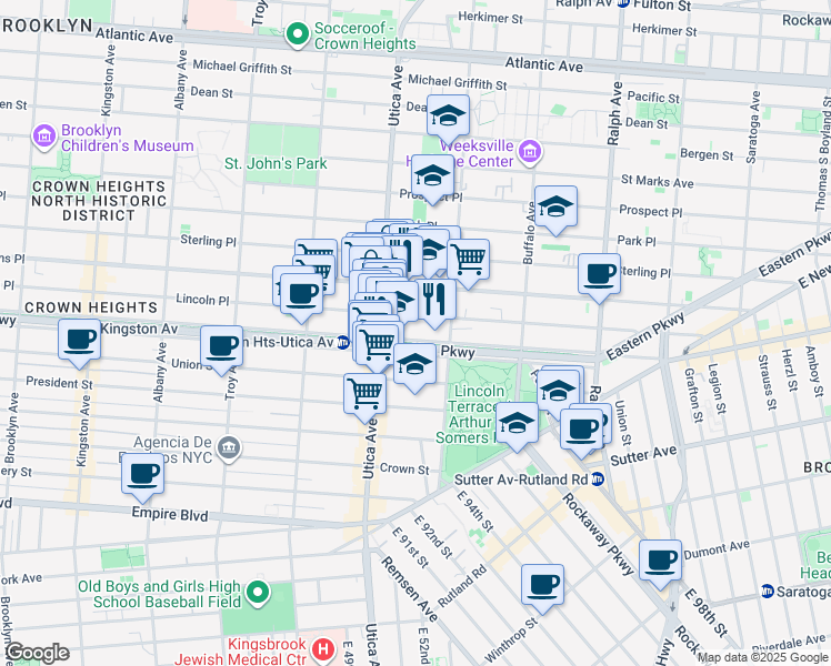 map of restaurants, bars, coffee shops, grocery stores, and more near 1165 Eastern Parkway in Brooklyn