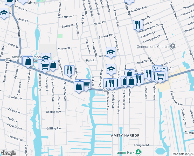 map of restaurants, bars, coffee shops, grocery stores, and more near 40 Lake Drive in Copiague