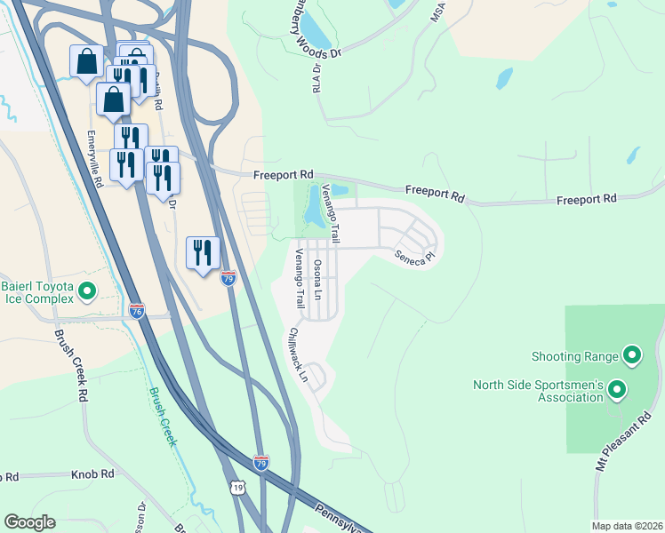 map of restaurants, bars, coffee shops, grocery stores, and more near 307 Osona Lane in Mars