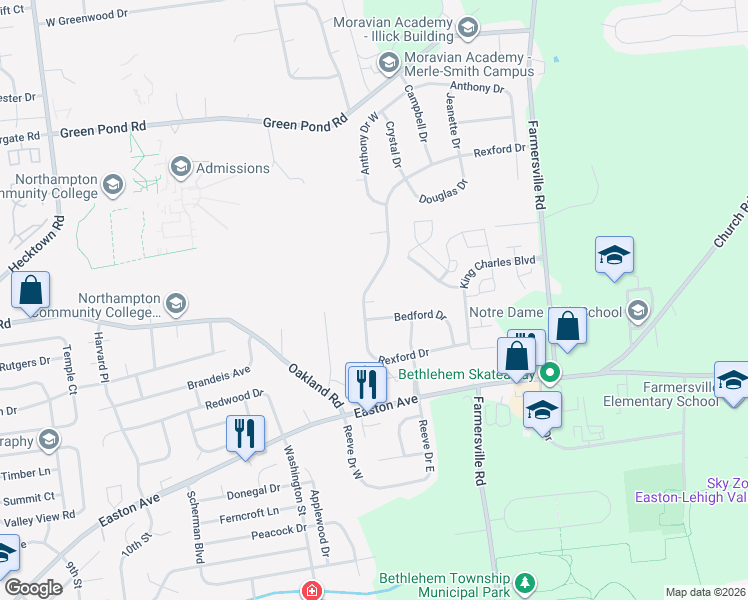 map of restaurants, bars, coffee shops, grocery stores, and more near 4178 Rexford Drive in Bethlehem