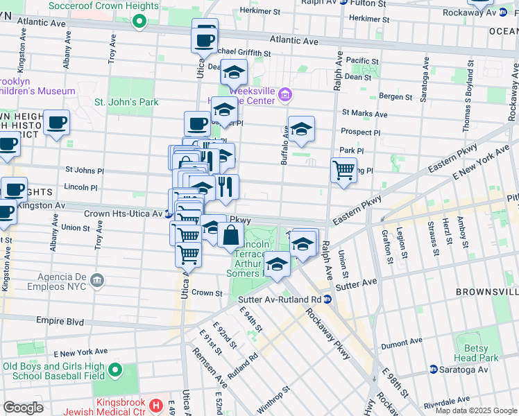 map of restaurants, bars, coffee shops, grocery stores, and more near 1245 Eastern Parkway in Brooklyn