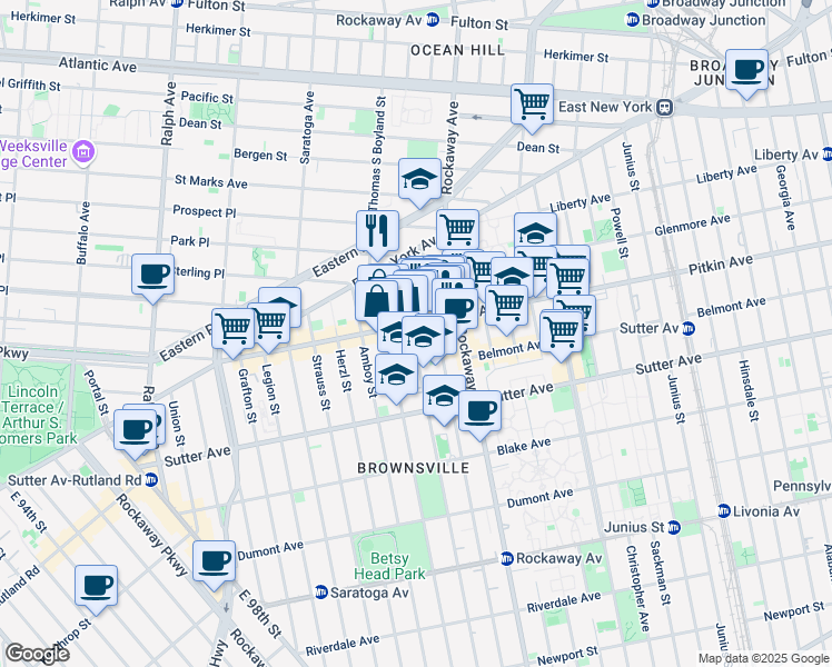 map of restaurants, bars, coffee shops, grocery stores, and more near 1645 Pitkin Avenue in Brooklyn
