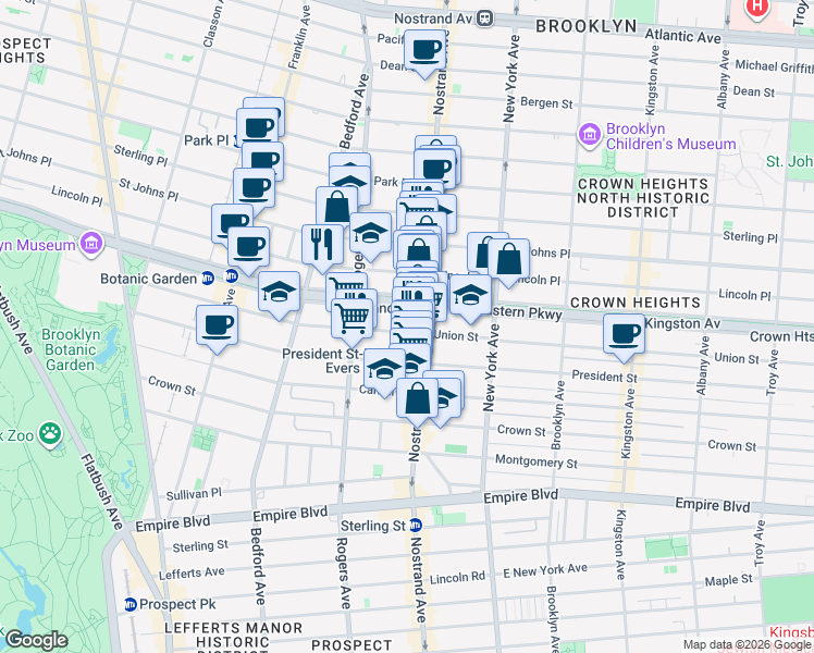 map of restaurants, bars, coffee shops, grocery stores, and more near 516 Eastern Parkway in Brooklyn