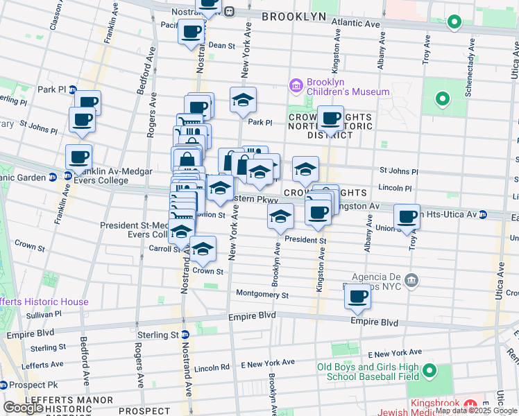 map of restaurants, bars, coffee shops, grocery stores, and more near 670 Eastern Parkway in Brooklyn