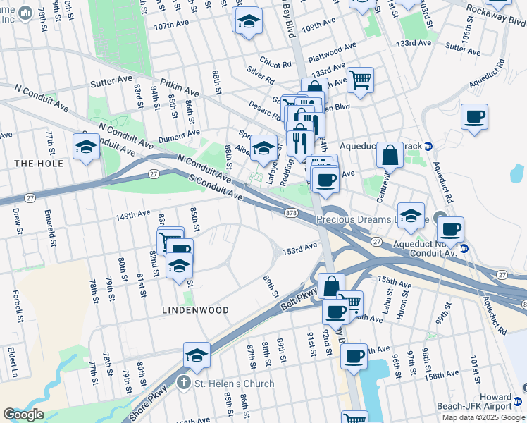 map of restaurants, bars, coffee shops, grocery stores, and more near 150-16 90th Street in Queens