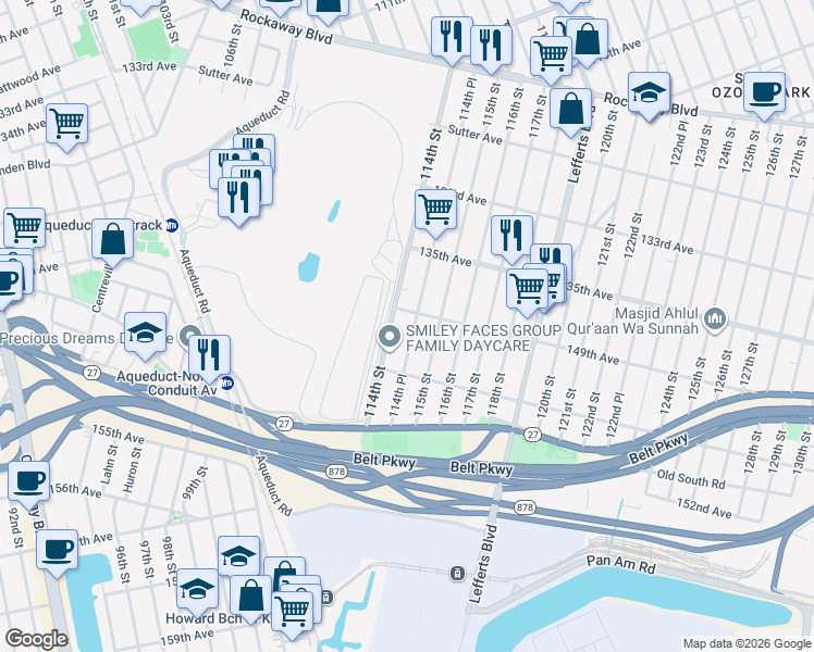 map of restaurants, bars, coffee shops, grocery stores, and more near 114-04 149th Avenue in Queens
