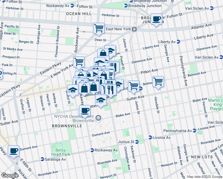 map of restaurants, bars, coffee shops, grocery stores, and more near 393 Mother Gaston Boulevard in Brooklyn