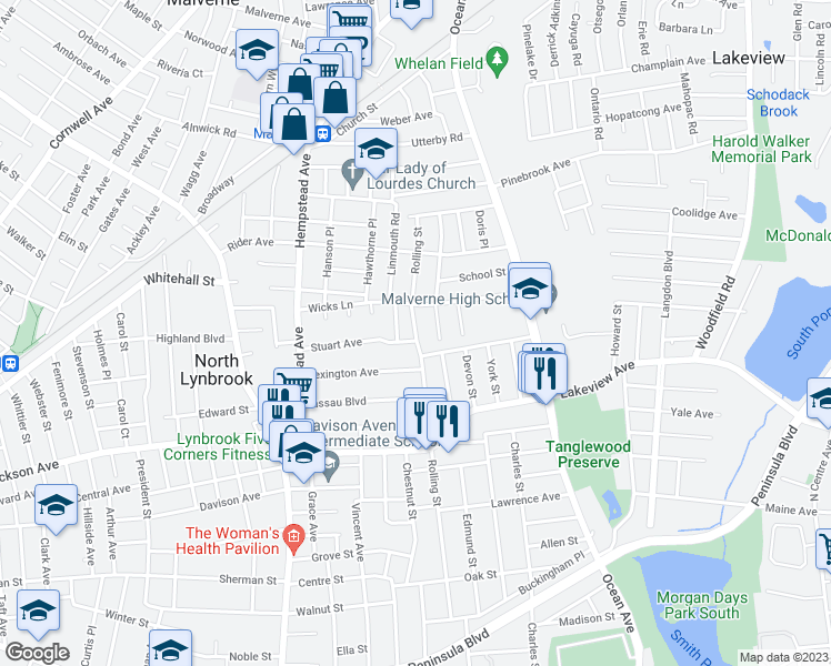 map of restaurants, bars, coffee shops, grocery stores, and more near Rolling Street in Malverne