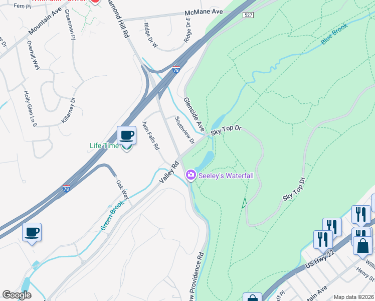 map of restaurants, bars, coffee shops, grocery stores, and more near 79 Southview Drive in Berkeley Heights