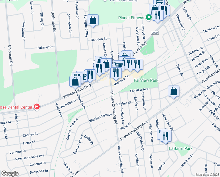 map of restaurants, bars, coffee shops, grocery stores, and more near 602 Stones Crossing Road in Easton